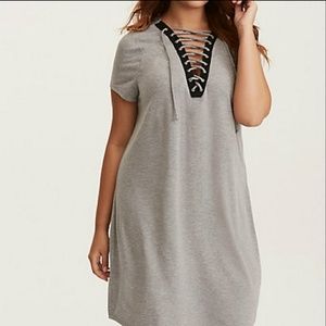 Grey Knit Lace Up Front Tee Dress